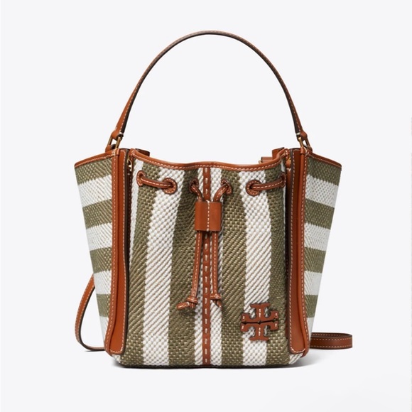 Tory Burch Linen Cotton Twill Leather Striped Dragonfly Bag NWT McGraw Multi - Picture 2 of 6